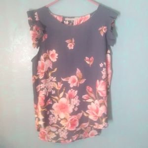 SWEET RAIN Navy Blue Floral Print Blouse Top Cap Ruffle Sleeve Polyester LARGE